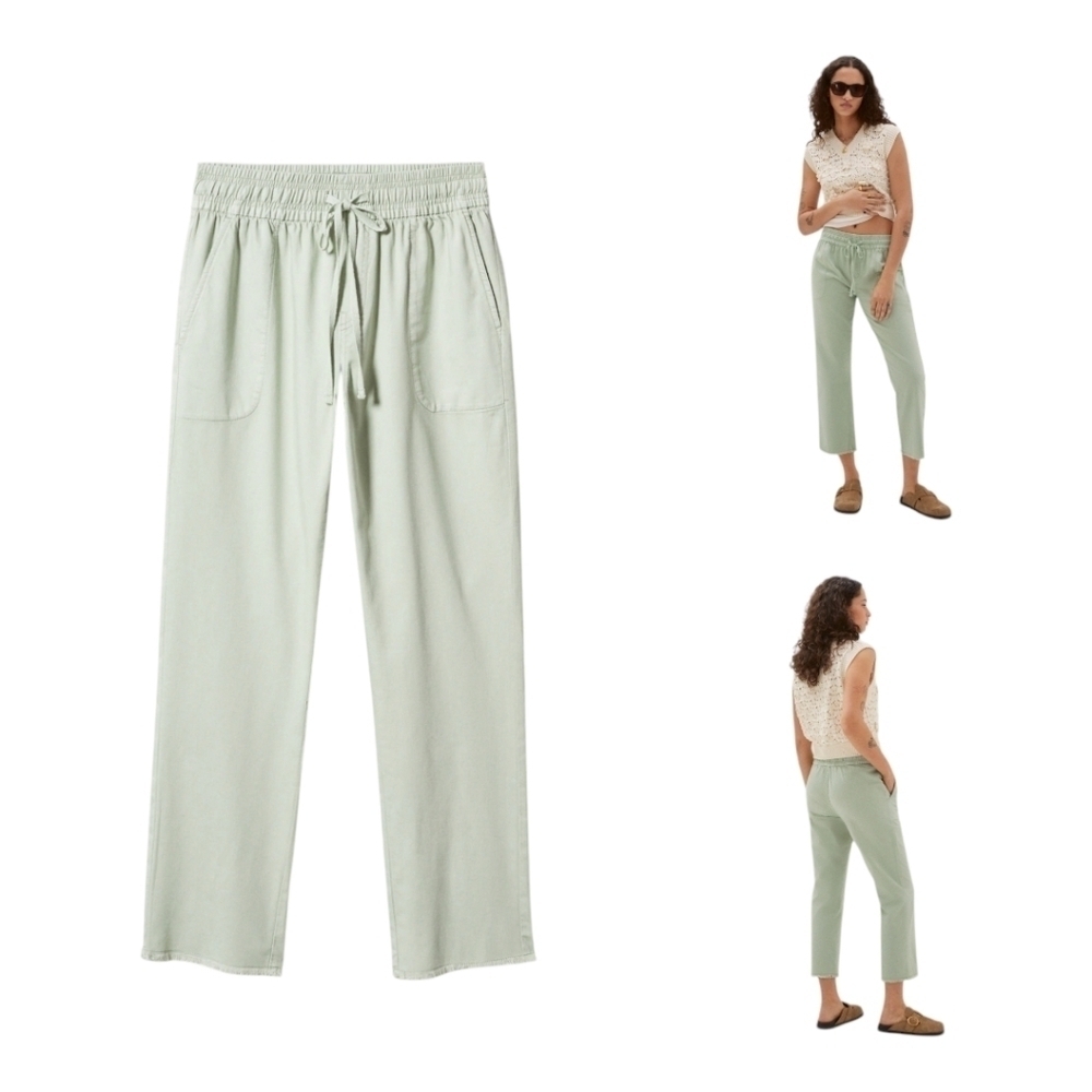 Mango Slouchy Cropped Pants XXL High Waist, Drawstring, 100% Cotton, Sage Green